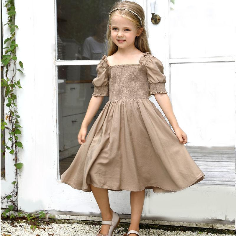 Smocking Girls Dress Fashion Square Neck Casual Dresses For Children