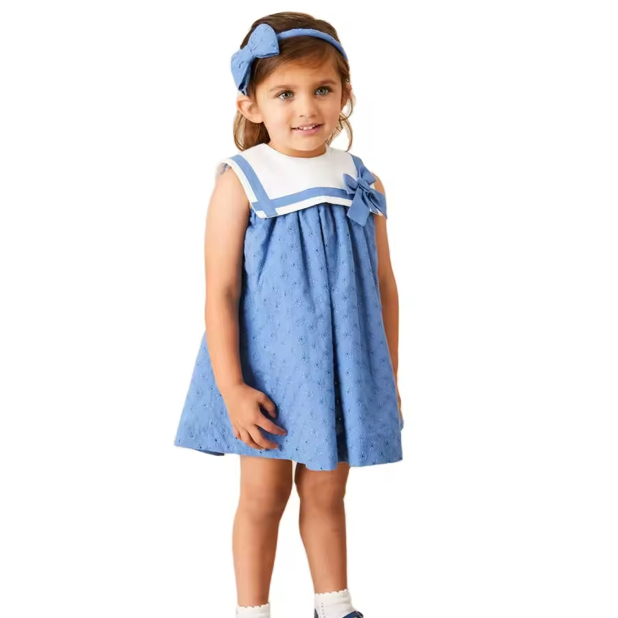2024 Summer Girls Dress Elegant Western Style Preppy Look Floral Pattern Custom Sailor Collar ODM School Fashion for Children