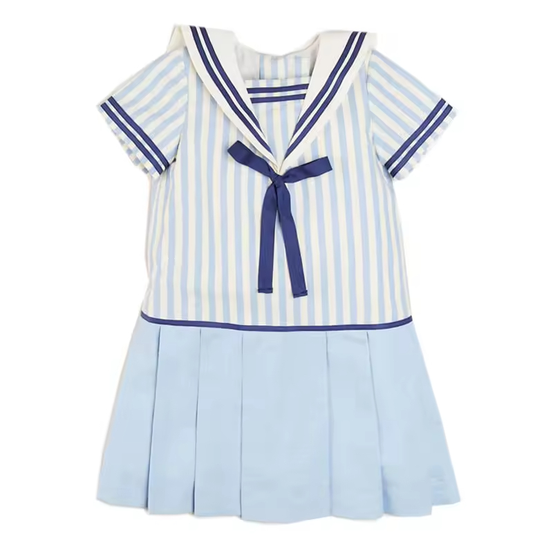 Popular Girl's Dress Short Sleeve Sailor Collar White Blue Stripe Dress for Baby Summer 2024