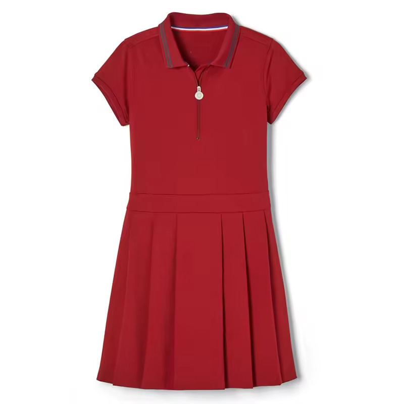 OEM School Uniform Dress for Kids With Pleat Skirt Short Sleeve Girl Polo Dress Red