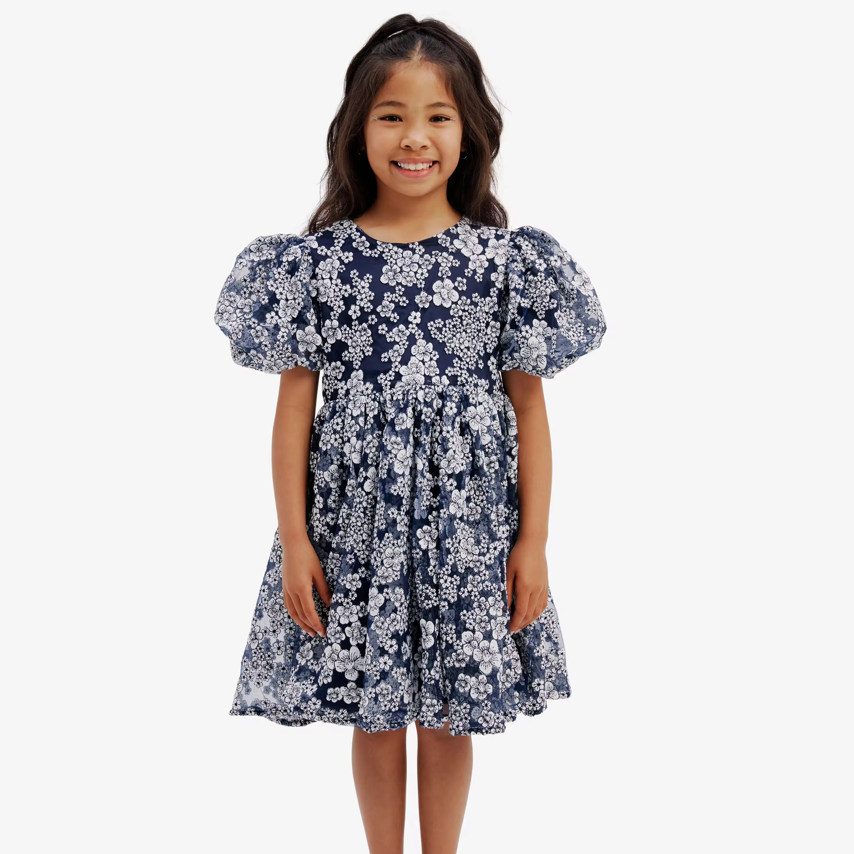 Private Label Navy Blue Floral Cotton Dress for Girls and Kids Woven A-Line Short Sleeve O-Neck Dress With Puffy Sleeves