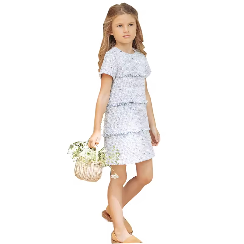 2025 OEM Brand Fashion Short Sleeves Tweed Baby Dress Spring Summer Autumn Child Tweed with Tassels Tiers