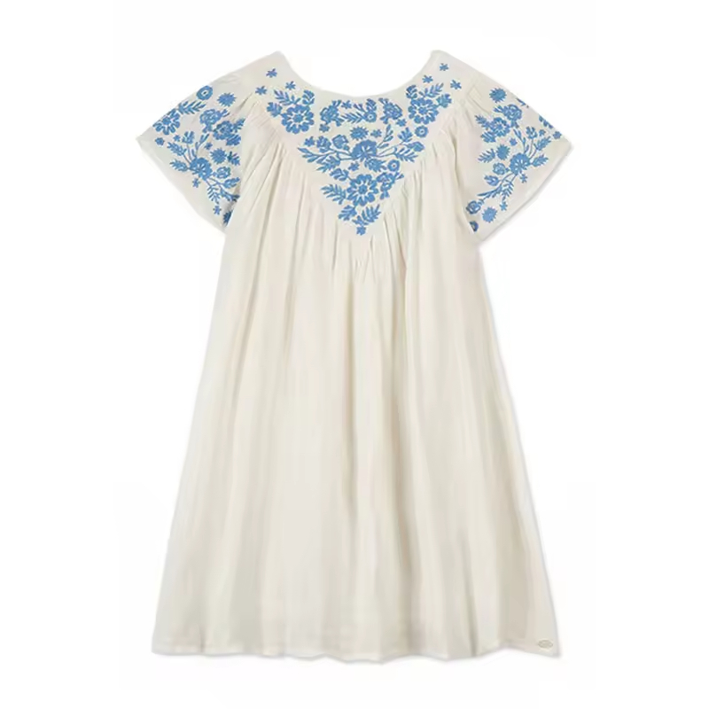 New Fashion Girl's Clothing Baby Girl Vintage Embroidery Dress Elegant Linen Dresses for 6 to 14 Years Old Kids