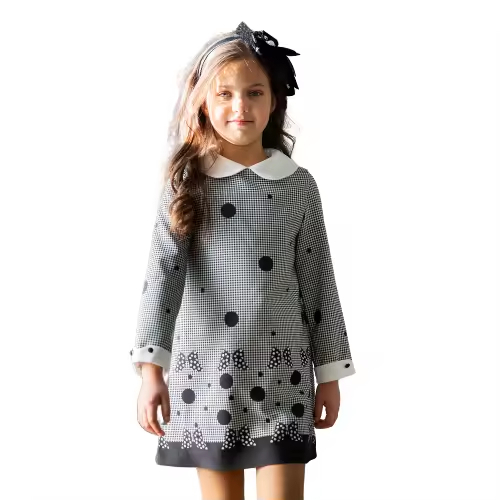 Casual Girls Dress Long Sleeve Turn Down Collar Dot Butterfly Decoration Zipper Closure Girl Child Dress