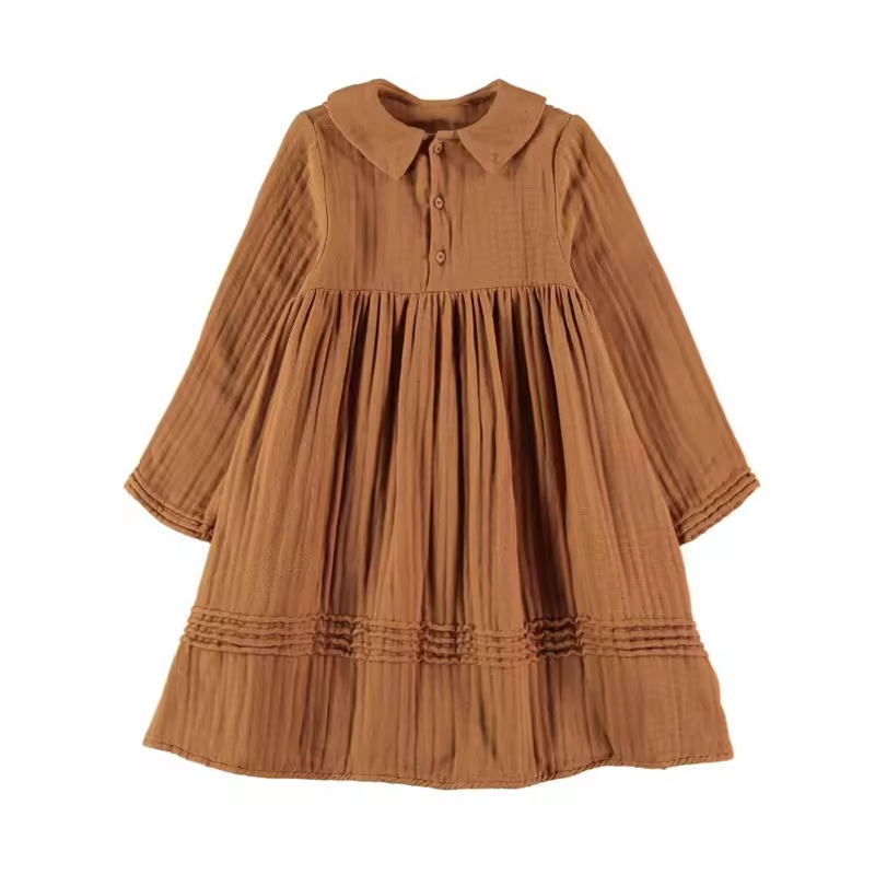 Solid Color Good Quality Fashion Custom Kids Clothes Formal Brown White Color Girls Dresses Cotton Linen Dresses for Girls