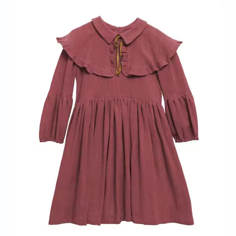 Custom Casual Style Kids Cotton Dresses Spring Long Sleeve Muslin Cotton Linen Dresses