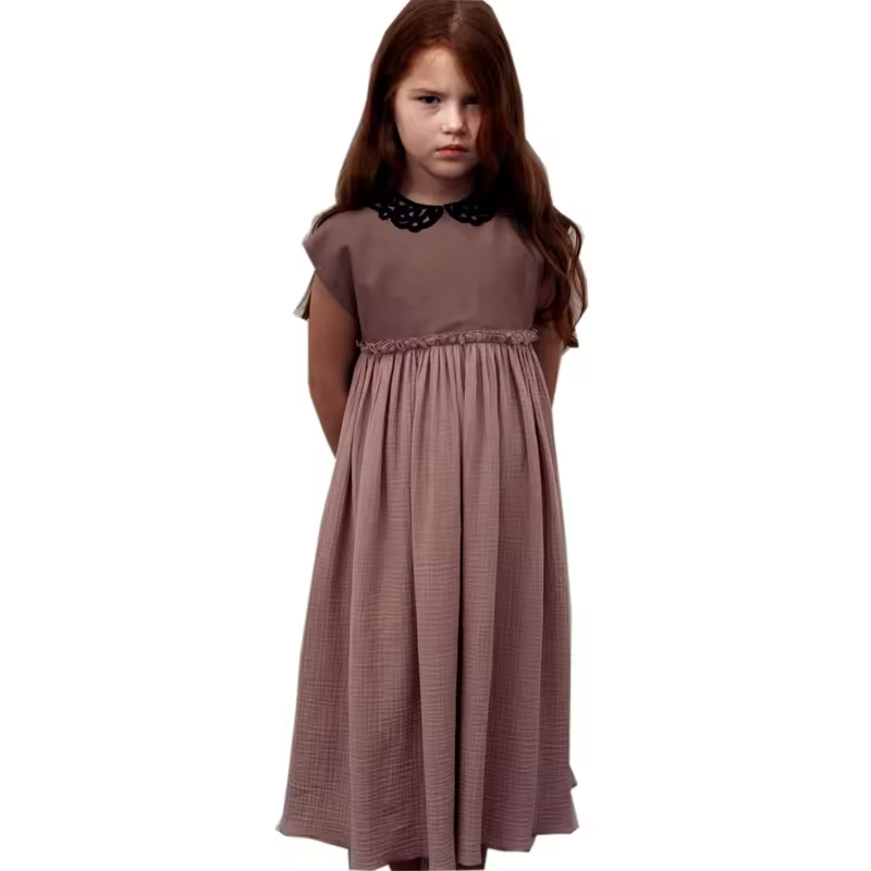 Hot Selling Sleeveless Crochet Collar Design Girls Muslin Cotton Long Dress Filles Robes
