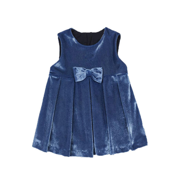 Newest Fashion Beautiful Ruffles Girl Velvet Dress Custom Kids Dress Halter Solid Crocheted Techniques Children Spring Bow