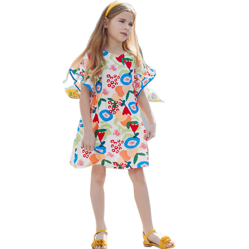 Young Girls Dress Ruffle Bubble Sleeves Fancy Floral Printed a Line Style Summer Collection Dress Design