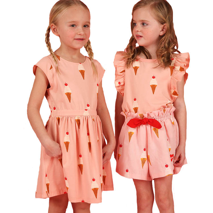 Pretty Girl Flower Printing Silk Summer Party Dress Kids Cotton Dress