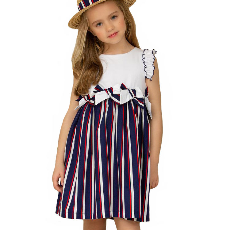 European Style Flounce Sleeve Kids Dresses Beautiful Model Stripes Dresses for Girls of 10 Years Old